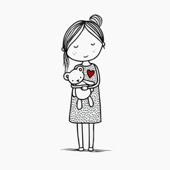 Naive vector illustration of a little girl hugging a teddy bear with a red heart. Minimal hand-drawn line art on white background with copy space, expressing love, care and childhood warmth