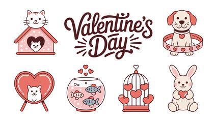Valentine's Day Illustration: Playful illustrations that capture the essence of Valentine's Day. Featuring various symbols, like pets with decorations and romance, all with a cheerful design