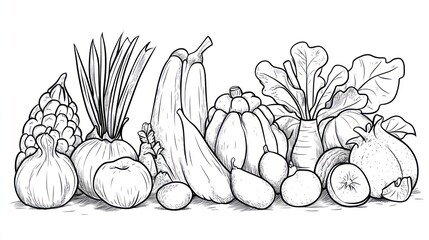 Black and white sketch of assorted fruits and vegetables