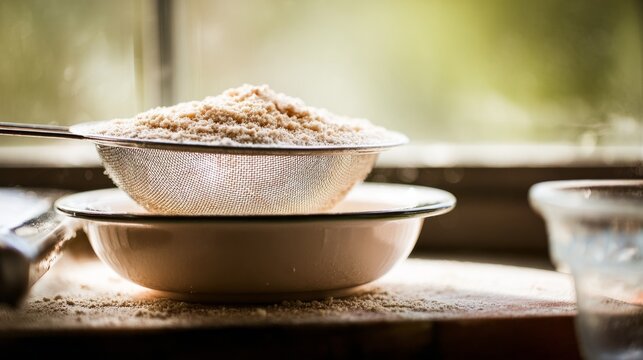 tennessine. Flour sifting through mesh sieve into bowl on kitchen counter. menu design, packaging mockups, designed for food delivery and cloud-kitchen brand materials, simplifies recipe learning.
