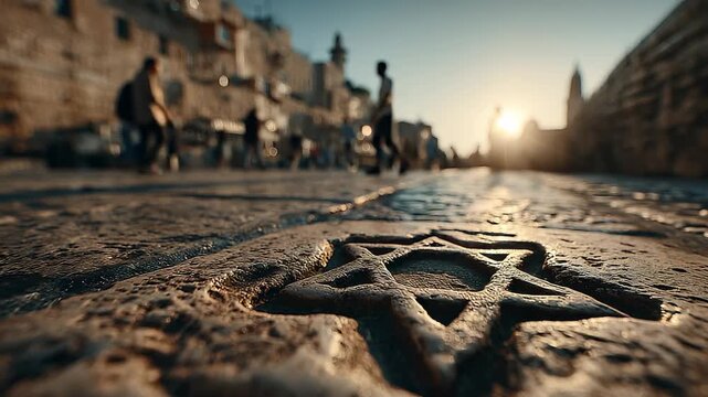 Star of David Etched into Pavement - Symbol of Jewish Heritage and Faith, Close-Up Detail.