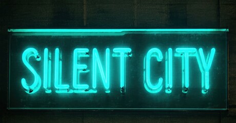 Fototapeta premium Bright neon sign displays Silent City. Dark background emphasizes glowing turquoise lettering. Minimalist aesthetic, urban setting.