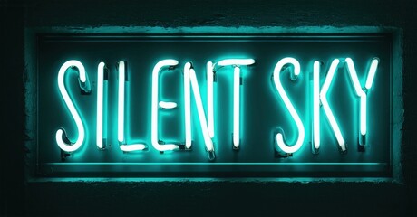 Obraz premium Bright neon sign displays Silent Sky. Turquoise glow contrasts dark background. Rectangular frame adds definition. Simple, modern aesthetic.