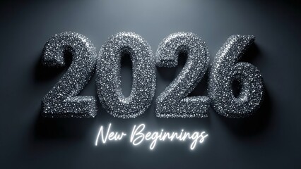 Sparkling silver glittery 2026 text with new beginnings phrase on dark background sparkle