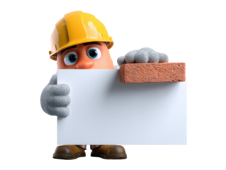 Cartoon construction worker holding blank sign with brick
