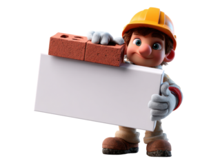 Cartoon builder character holding brick and blank sign