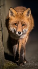 Fototapeta premium coop. Fox approaching a chicken coop in moonlight, ears perked alertly. wildlife magazines, conservation campaigns, designed for eco-tourism storytelling and wildlife conservation campaigns. 