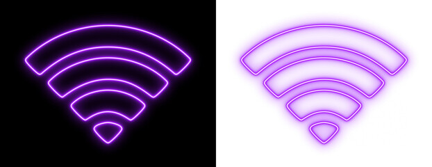 Purple neon Wi-Fi signal icon glowing on black and white backgrounds, bright wireless internet outline symbol for technology and UI design