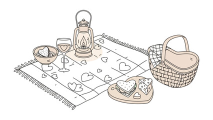 Romantic Picnic Setup: A charming scene unfolds with a picnic basket, a delicate glass of wine, and heart-shaped treats, all set on a checkered blanket under a vintage lantern.