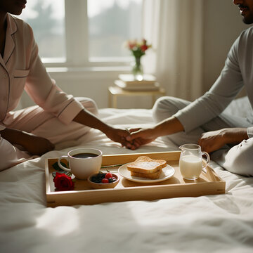 Simple breakfast tray with coffee and toast cut into a heart shape, soft natural morning light, cozy Valentine&rsquo;s Day concept expressing love, care and warmth through everyday moments and gentle romanc