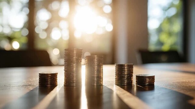 Stacks of golden coins on a table in ascending order, symbolizing financial growth.