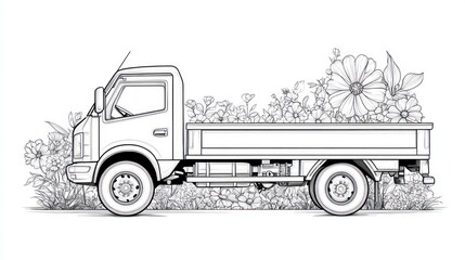 Black and white truck carrying flowers