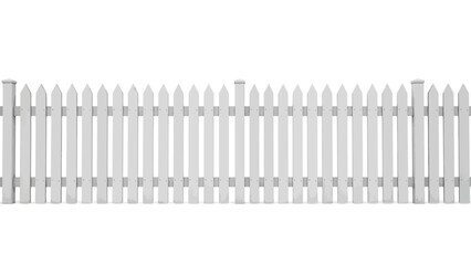 A long white picket fence stretches across a plain background