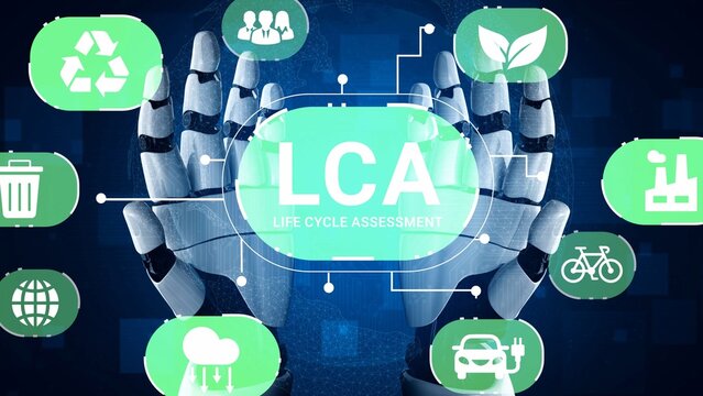 Hands of a robotic figure holding technology icons representing life cycle assessment concepts such as sustainability, recycling, and environmental impact measurement Gluon. - Powered by Adobe