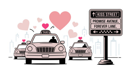 Love on the Road: Animated taxis, adorned with hearts, navigate through an imaginary cityscape. They promise a journey of love along Kiss Street, Promise Avenue, and Forever Lane.