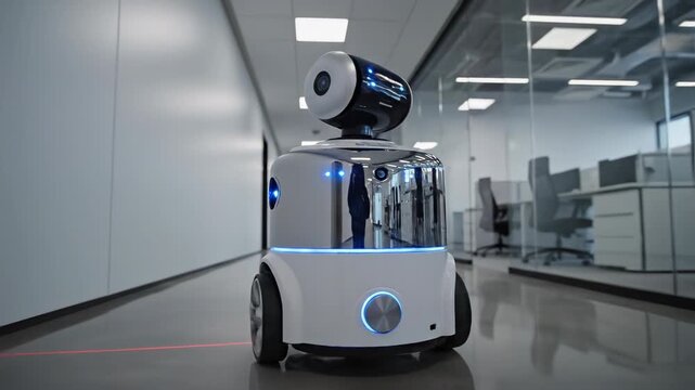 Futuristic Automation in the Modern Office: An advanced security robot navigates a contemporary office environment, embodying the cutting edge of technological innovation and automated efficiency.