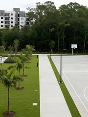 Clean Modern Urban Residential Area with a Basketball Court Palm Trees and Walkway