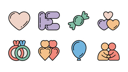 Love and affection icons: A series of vibrant icons representing love, romance, and affection, perfect for adding a touch of warmth and emotion to any design or project. 