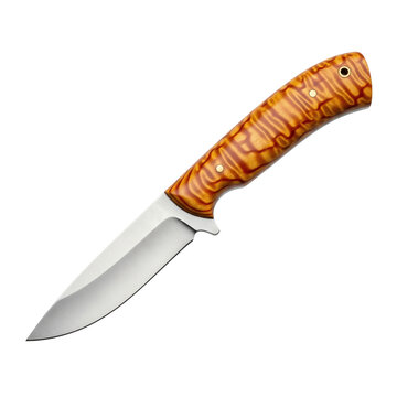 Sharp hunting knife with fixed steel blade and textured wood handle for camping survival