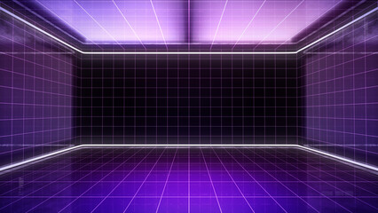Retro aesthetic virtual studio background. A TV backdrop room with purple grid reflections, Ideal for tech shows, or live events. 3D render environment, suitable on broadcast systems with green screen