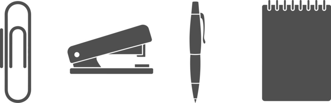 A collection of office supplies including a paperclip stapler pen and notepad on transparent background high-quality professional detailed modern elegant