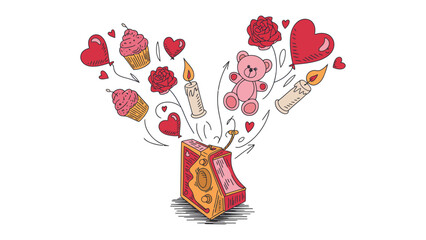 Sweet Thoughts of the Heart: An illustration of a whimsical music box is the focal point, with charming hearts and delightful decorations soaring into the air.