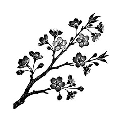 Cherry blossom tree branch with blooming flowers drawn in black ink style on white background, concept of nature and springtime beauty
