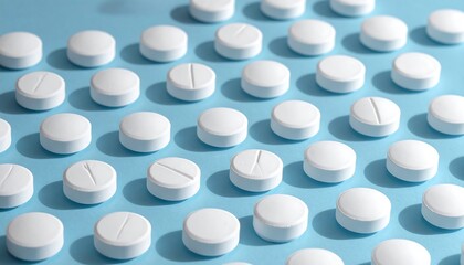 White Pills on Blue Background.