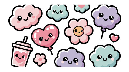 Dreamy Delight: An array of adorable and whimsical cartoon illustrations of clouds, flowers, a heart-shaped balloon, a refreshing drink and sweet, capturing a sense of joy and whimsy.