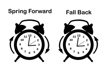 Daylight Saving Time icons set. Spring Forward and Fall Back Time. Daylight symbol with alarm clocks. Switch to summer and winter time concept. Сhange clock to one hour forward or one hour back.Vector