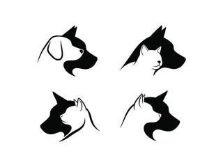 Minimalist black and white silhouettes of various animal heads and faces