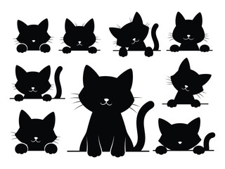 A collection of playful black cat silhouettes in various adorable poses