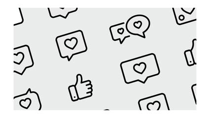 Social media Pattern: A seamless pattern of social media symbols, featuring hearts, speech bubbles, and thumbs-up icons. Evoking the essence of online interaction and communication.