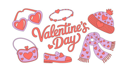 Valentine's Day Accessories: An array of charming Valentine's Day accessories, including heart-shaped sunglasses, a bracelet, a beanie, a scarf, a purse, and shoes, set against a backdrop.