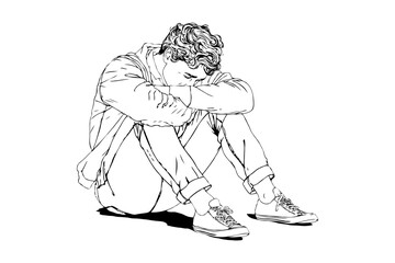 Depressed young man sitting on ground, hand-drawn ink sketch style, isolated on white background, expressing loneliness and emotional struggle