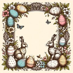 Easter Egg Frame with Rabbits and Flowers.