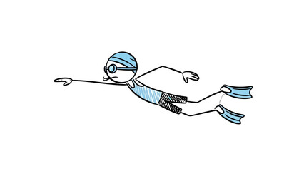 Stick Figure Man Swimming Underwater with Goggles and Flippers, Enjoying an Aquatic Activity on Isolated White Background. © Desainer