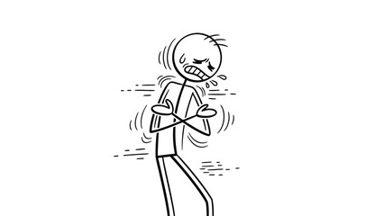 A black and white stick figure cartoon character is shivering and looking distressed, possibly from cold or fear, with arms crossed and a sad expression.