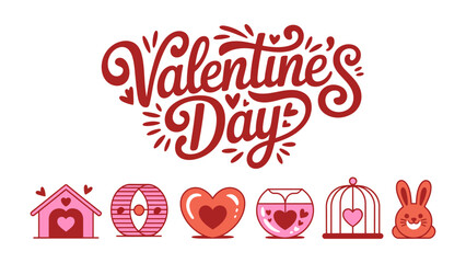 Valentine's Day Icon Set: A charming illustration featuring a collection of Valentine's Day icons. Includes a house with heart, hamster wheel, heart, bowl, bird cage, and rabbit.
