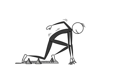 A stick figure sprinter in starting blocks, poised and ready to begin a race on a white background.