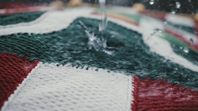 Water on Quilt: Water droplets cascade onto a patchwork quilt, creating a mesmerizing display of texture, pattern and color, offering a sense of freshness and calm.