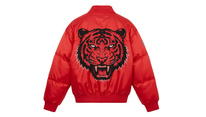 Red bomber jacket with fierce tiger embroidery on back, bold streetwear outerwear, trendy fashion statement piece