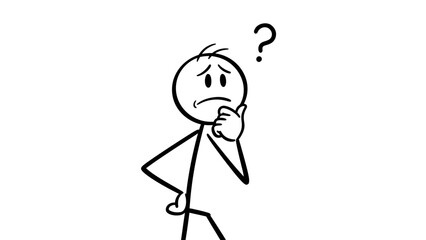 A simple black and white stick figure drawing depicting a person in a state of confusion or deep thought, with a question mark above their head.