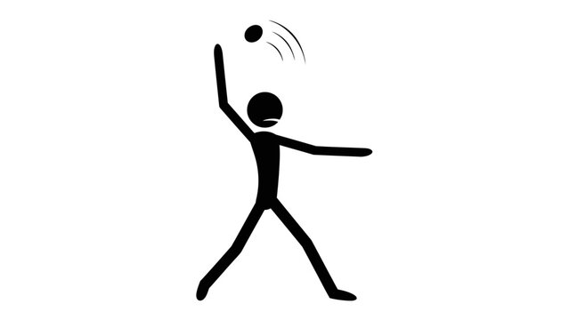 A black stick figure is depicted in the act of throwing a small oval object, with motion lines indicating its trajectory against a plain white background.