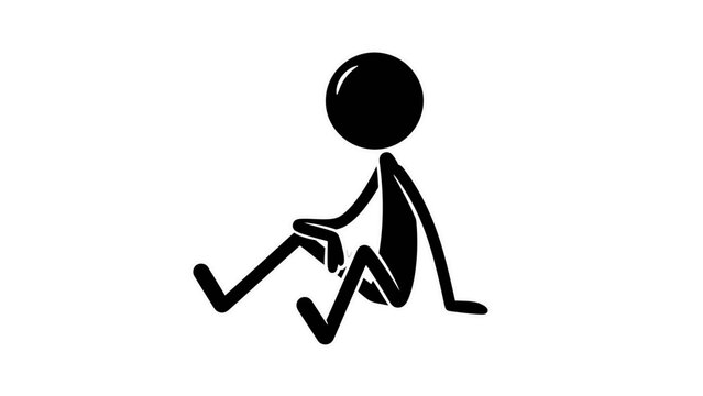 A simple black stick figure character sitting on the ground with one leg bent and the other extended, against a plain white background.