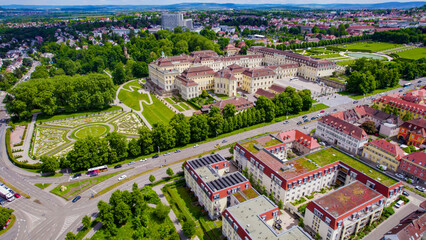Fototapeta premium An Aerial panorama view above the old town in the city Ludwigsburg on an sunny summer morning in Germany.