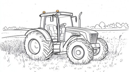Farm tractor in a field, black and white illustration
