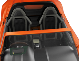 Dynamic Futuristic Concept Car Cockpit Isolated: High-Angle View of Modern Orange Vehicle Interior, Digital Dashboard, Racing Steering Wheel, and Sport Bucket Seats on Transparent PNG HD Background.