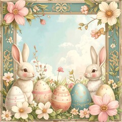 Easter Bunny Illustration with Eggs and Flowers.