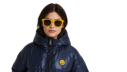 Stylish woman in navy puffer jacket with emoji patch and yellow sunglasses on the transparent background
